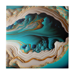 Turquoise Aqua Blue Gold Gemstone Acrylic Pour Art Tile