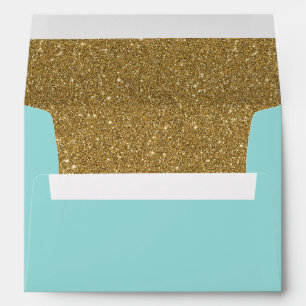 Turquoise Aqua Blue & Gold Glitter Lined Envelope