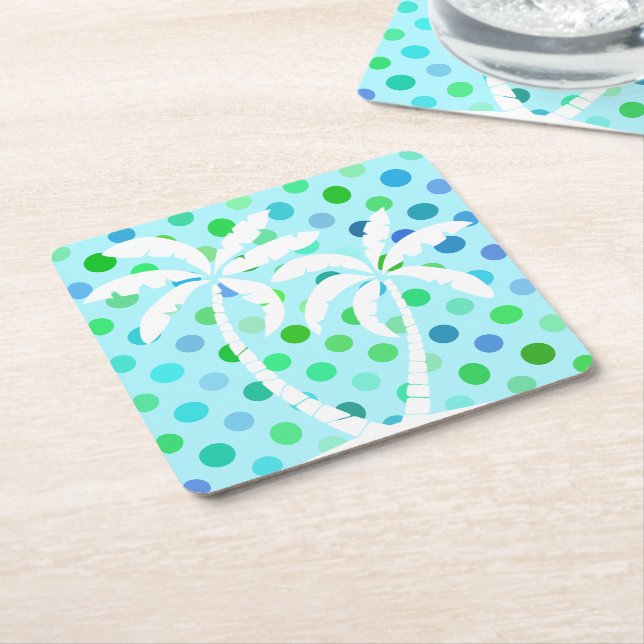 Turquoise Aqua Blue Lime Green Polkadots Pattern Square Paper Coaster (Angled)