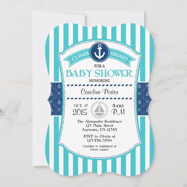Turquoise Aqua Blue Nautical Baby Shower Invites (Front)