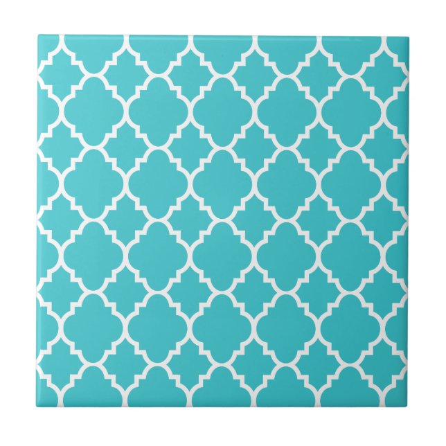 Turquoise Aqua Blue Quatrefoil Moroccan Pattern Tile (Front)