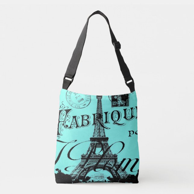 turquoise aqua blue scripts Paris Eiffel Tower Crossbody Bag (Front)