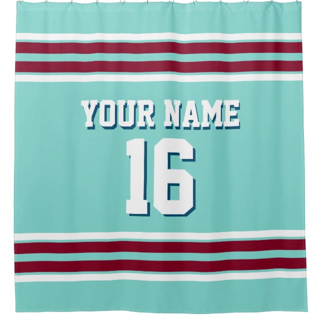 Turquoise Aqua Burgundy Wht Stripes Sports Jersey Shower Curtain (Front)