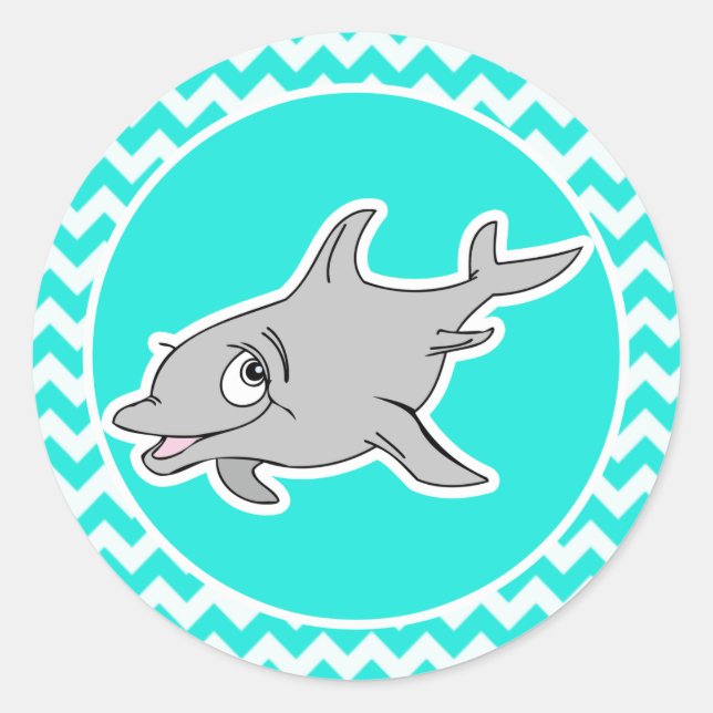 Turquoise, Aqua Colour Chevron; Dolphin Classic Round Sticker (Front)