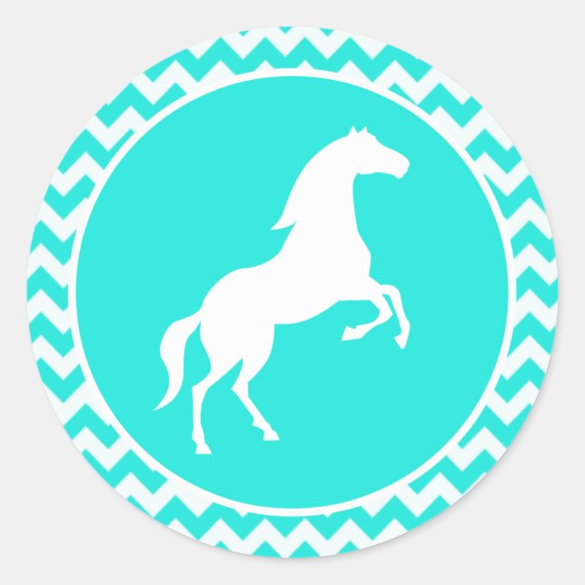 Turquoise, Aqua Colour Chevron; Equestrian Classic Round Sticker (Front)