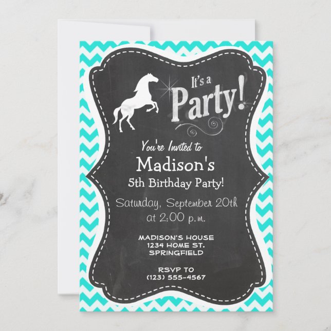 Turquoise, Aqua Colour Chevron; Equestrian Invitation (Front)
