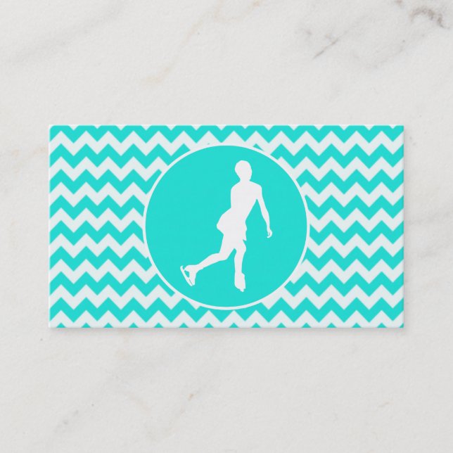 Turquoise, Aqua Colour Chevron; Figure Skating Business Card (Front)