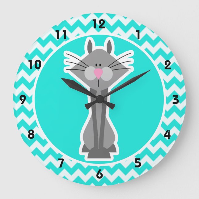 Turquoise, Aqua Colour Chevron; Grey Cat Large Clock (Front)