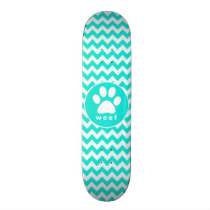 Turquoise, Aqua Colour Chevron; Paw Print Skateboard