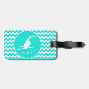 Turquoise, Aqua Colour Chevron; Snow Ski Luggage Tag