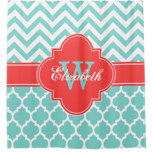 Turquoise Aqua Coral Red Moroccan #5 Chevron 1IQRN Shower Curtain (Front)