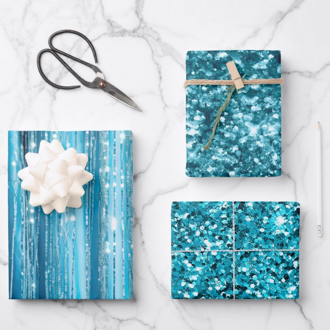 Turquoise Aqua Glam Glitter Wrapping Paper Sheet (Front)