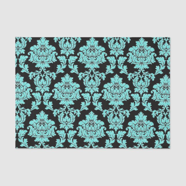Turquoise aqua glitter black damask design tissue paper (Front)