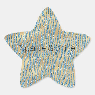 Turquoise Aqua Glitter Gold Sparkle Zebra Print   Star Sticker