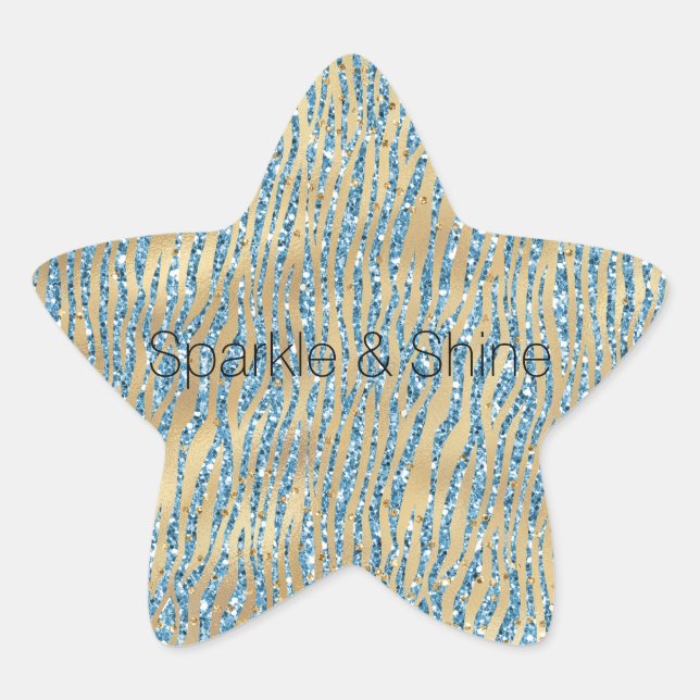 Turquoise Aqua Glitter Gold Sparkle Zebra Print   Star Sticker (Front)