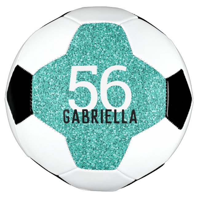 Turquoise Aqua Glittery Name and Team Number Football (Rotated)