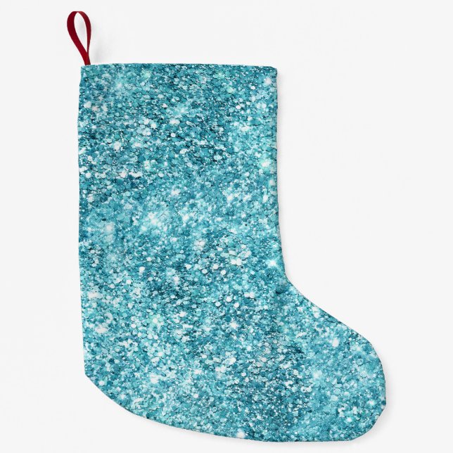 Turquoise Aqua Glitz Glitter  Small Christmas Stocking (Front)