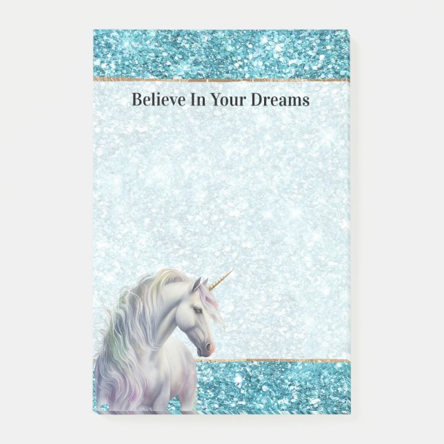 Turquoise Aqua Glitz Glitter Unicorn Post-it Notes (Front)