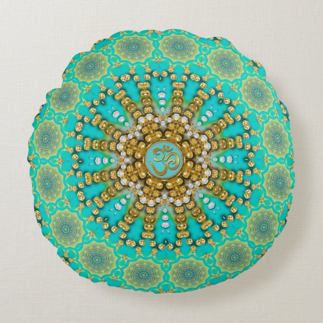 Turquoise Aqua Gold Bohemian Mandala OM Yoga Round Cushion (Front)