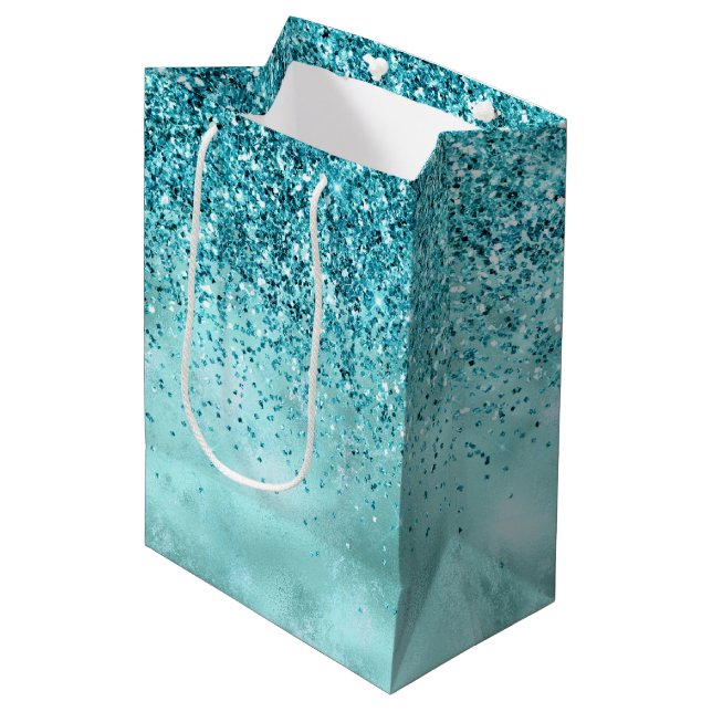 Turquoise Aqua Gold Glam Glitter   Medium Gift Bag (Front Angled)