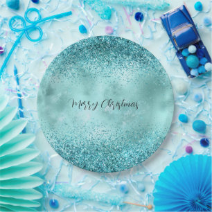 Turquoise Aqua Gold Glam Glitter        Paper Plate