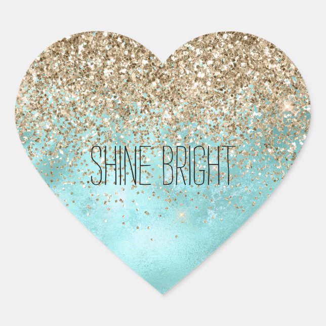 Turquoise Aqua Gold Glam Glitter Sparkle   Heart Sticker (Front)