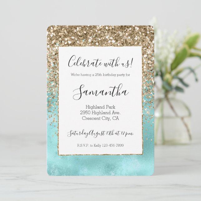 Turquoise Aqua Gold Glam Glitter Sparkle Invitation (Standing Front)