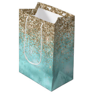 Turquoise Aqua Gold Glam Glitter Sparkle      Medium Gift Bag