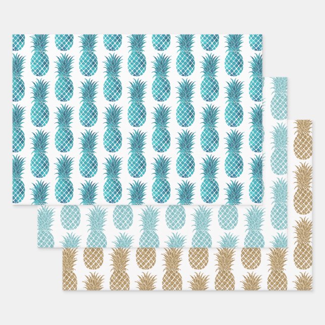 Turquoise Aqua Gold Glitter Tropical Pineapples Wrapping Paper Sheet (Set)