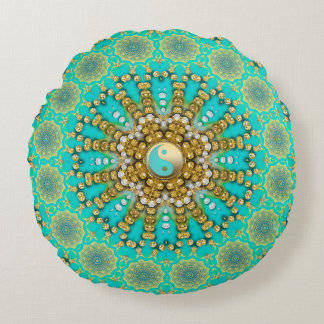 Turquoise Aqua Gold Yin Yang Beachy Mandala Round Cushion