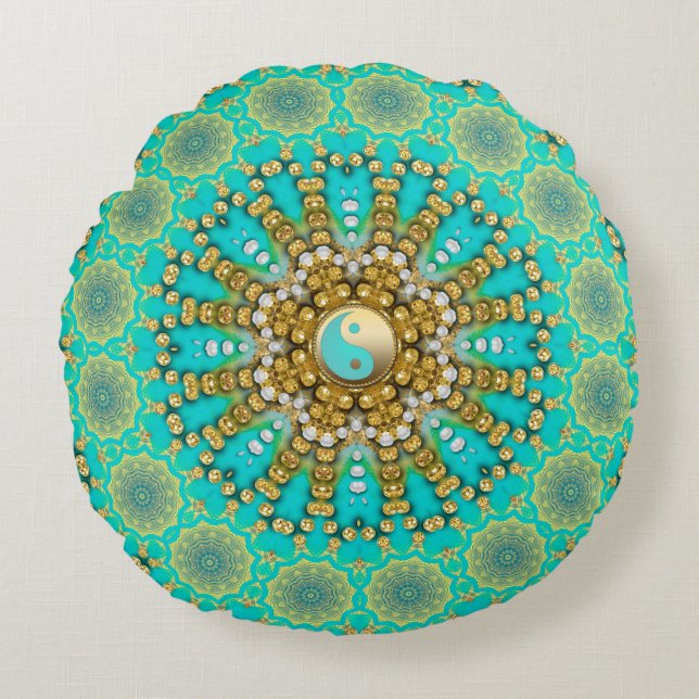 Turquoise Aqua Gold Yin Yang Beachy Mandala Round Cushion (Front)