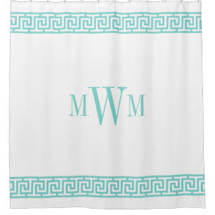 Turquoise Aqua Greek Key J Border Monogram Shower Curtain