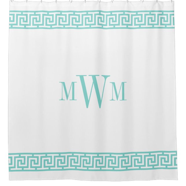 Turquoise Aqua Greek Key J Border Monogram Shower Curtain (Front)