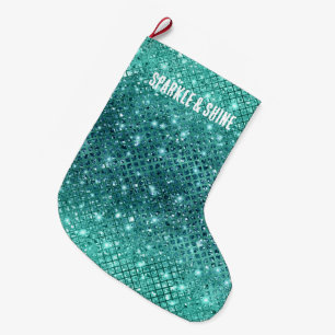 Turquoise Aqua Green Sparkle Large Christmas Stocking