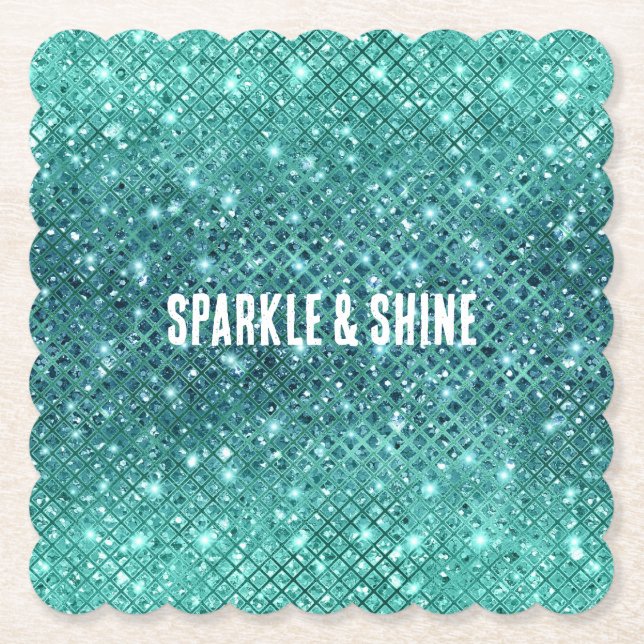 Turquoise Aqua Green Sparkle Paper Coaster (Front)