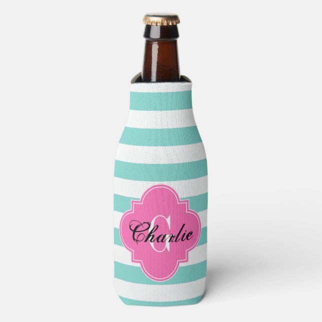 Turquoise Aqua Horiz Stripe HP Name Init Monogram Bottle Cooler (Bottle Front)
