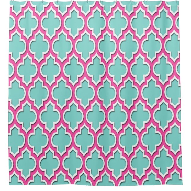 Turquoise Aqua Hot Pink White XL Moroccan #4DS Shower Curtain (Front)
