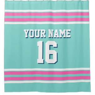 Turquoise Aqua Hot Pink Wht Stripes Sports Jersey Shower Curtain