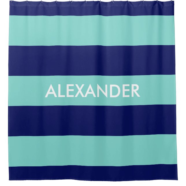 Turquoise Aqua Navy Blue Bold H Stripe #3 Monogram Shower Curtain (Front)