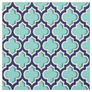 Turquoise Aqua, Navy Blue Moroccan Quatrefoil #5DS Fabric