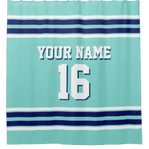 Turquoise Aqua Navy White Stripes Sports Jersey Shower Curtain