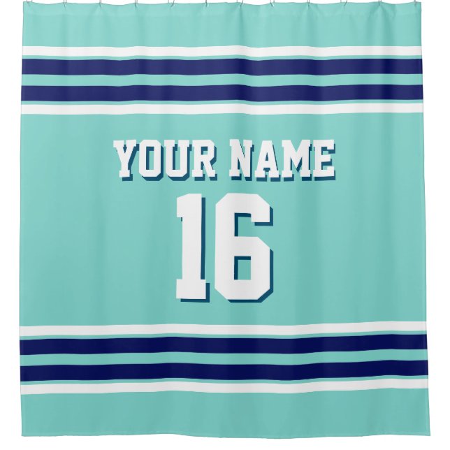 Turquoise Aqua Navy White Stripes Sports Jersey Shower Curtain (Front)