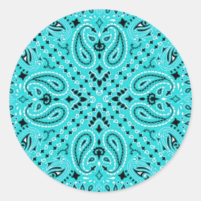 Turquoise Aqua Paisley Western Bandanna Scarf Prin Classic Round Sticker (Front)