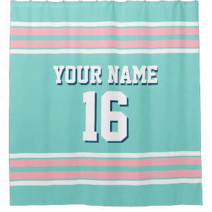 Turquoise Aqua Pink White Stripes Sports Jersey Shower Curtain