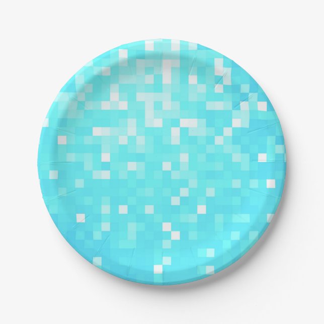 Turquoise Aqua Pixels Paper Plates (Front)