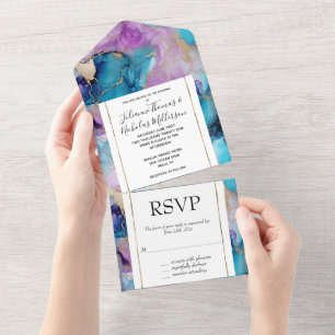 Turquoise Aqua Purple Gold Marble All In One Invitation