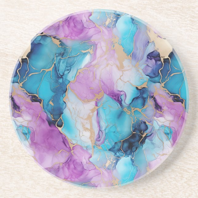 Turquoise Aqua Purple Gold Marble Coaster (Front)