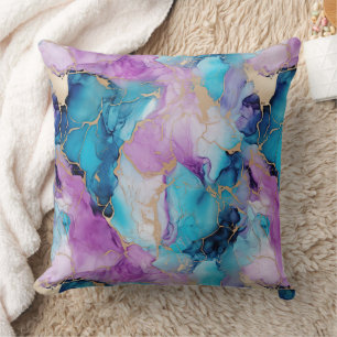 Turquoise Aqua Purple Gold Marble Cushion