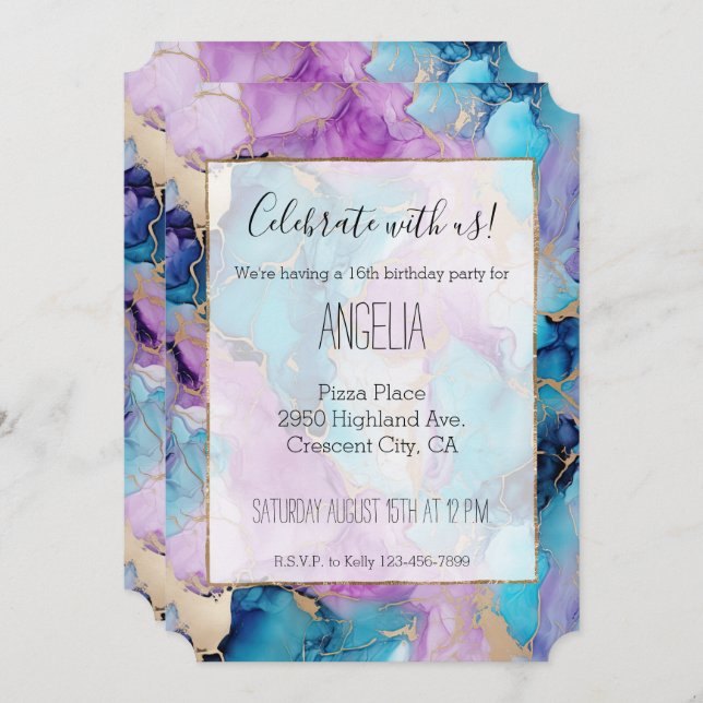 Turquoise Aqua Purple Gold Marble Invitation (Front/Back)