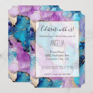 Turquoise Aqua Purple Gold Marble Invitation